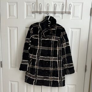 Isaac Mizrahi brown, black, and White Plaid fur coat